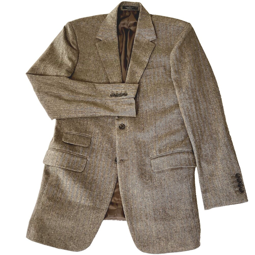 StudioSuits Tweed Wool Sport Coat Herringbone 38 Brown Ticket Pkt Peaky Blinders